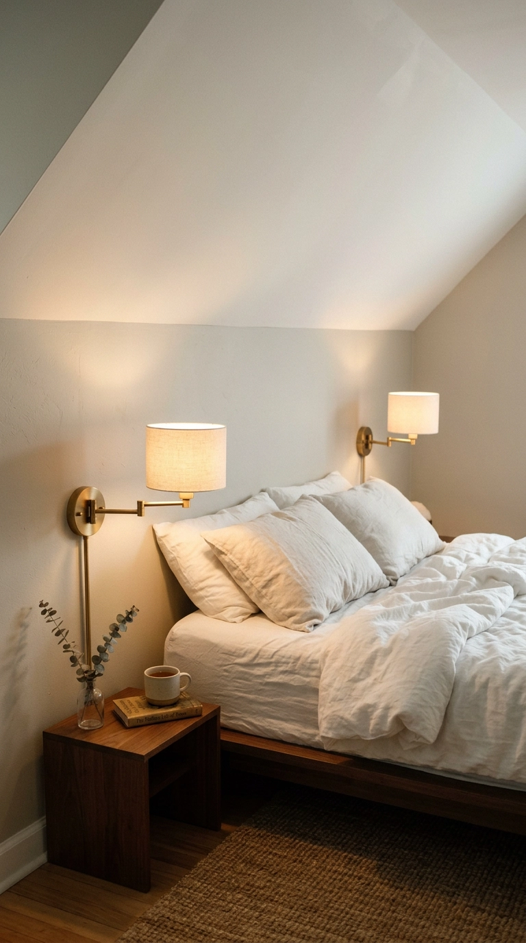 Brushed brass swing arm wall sconces mounted on a low knee wall above a bed