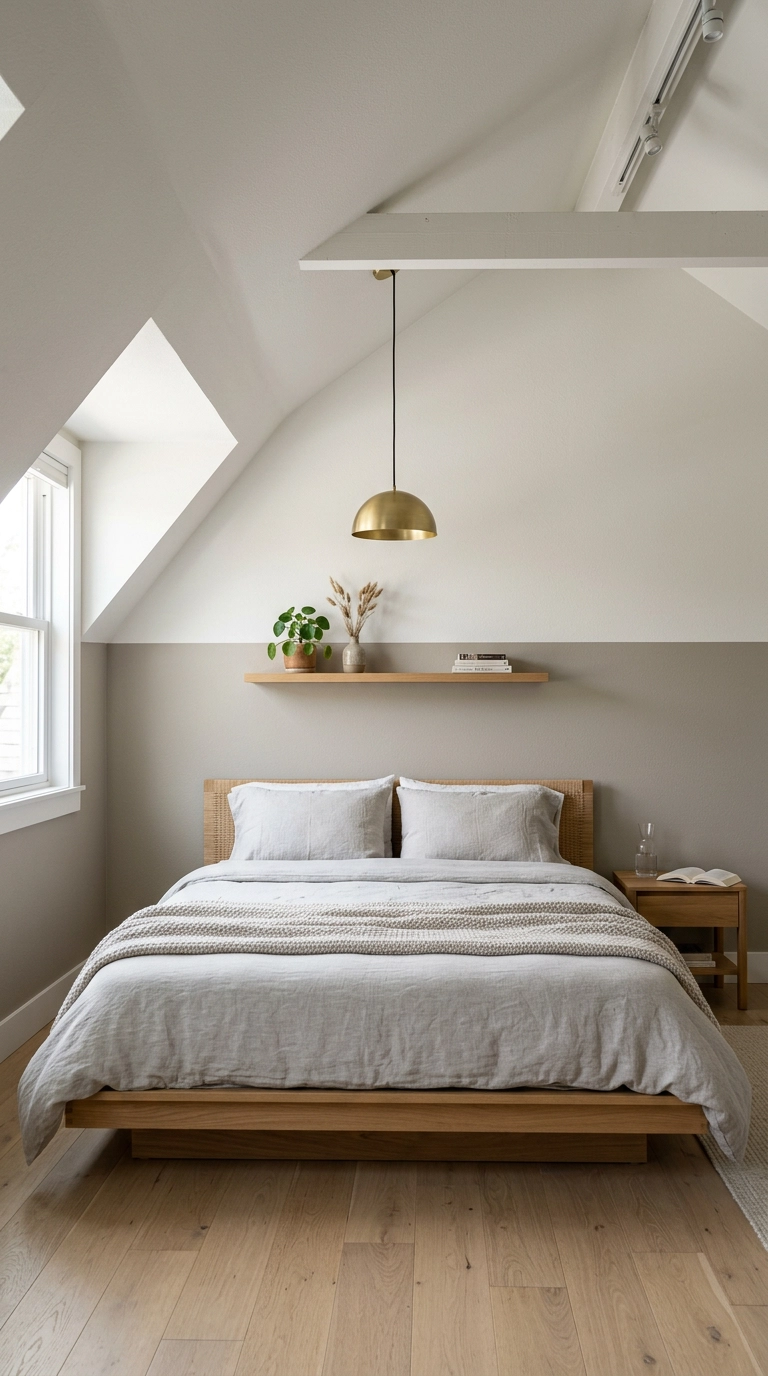 Horizontal color-blocked wall with warm greige knee wall and cream upper sloped pitch