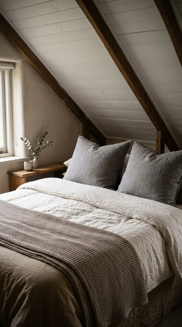 Layered washed oatmeal and cream linen bedding tucked underneath a sloped roof eave