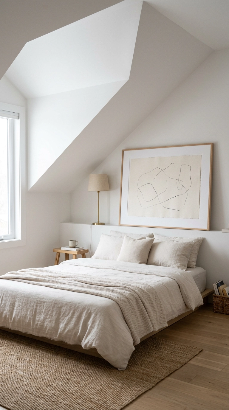 Large abstract line art canvas resting casually on a low knee wall ledge behind a bed