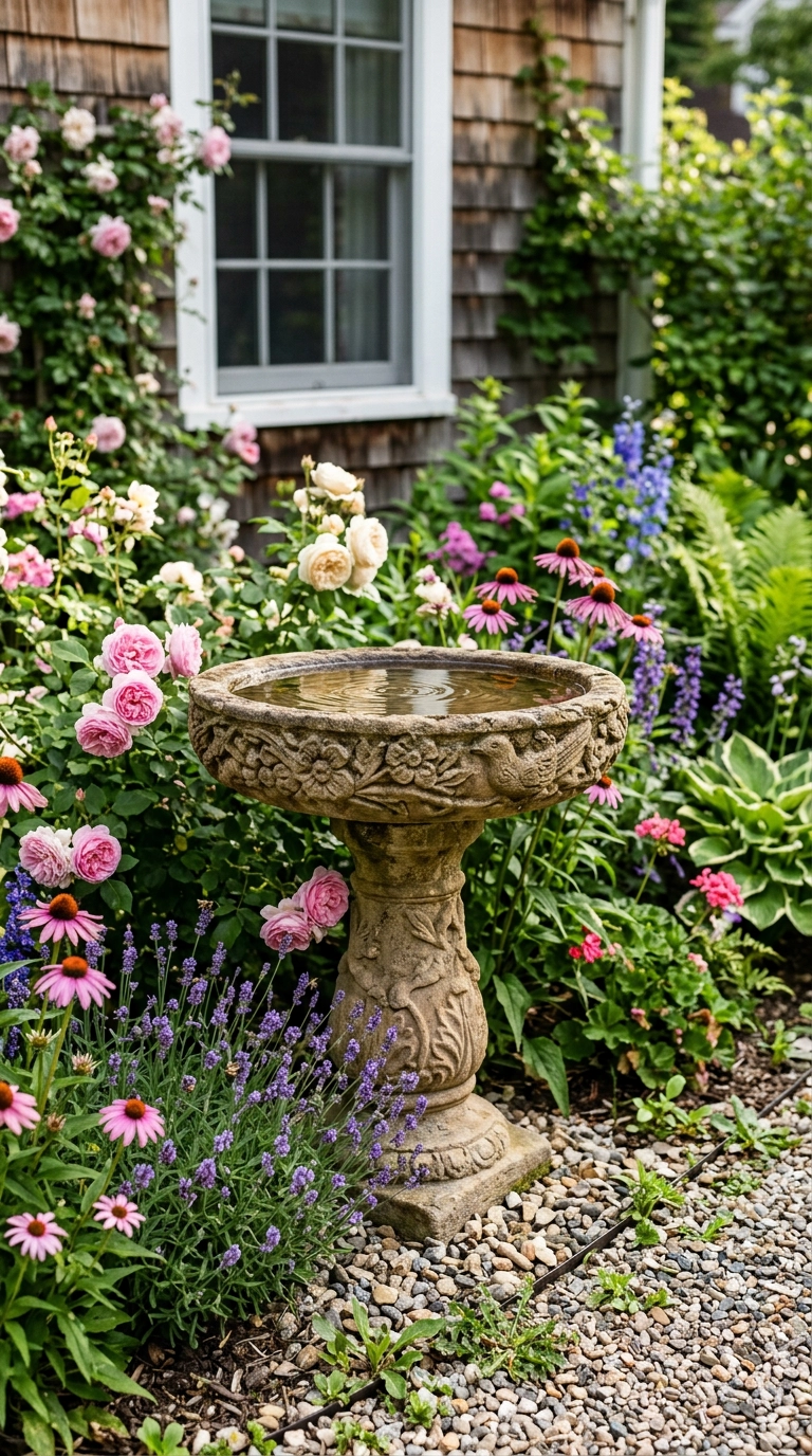 Carved stone birdbath on a pedestal set among blooming perennial flowers