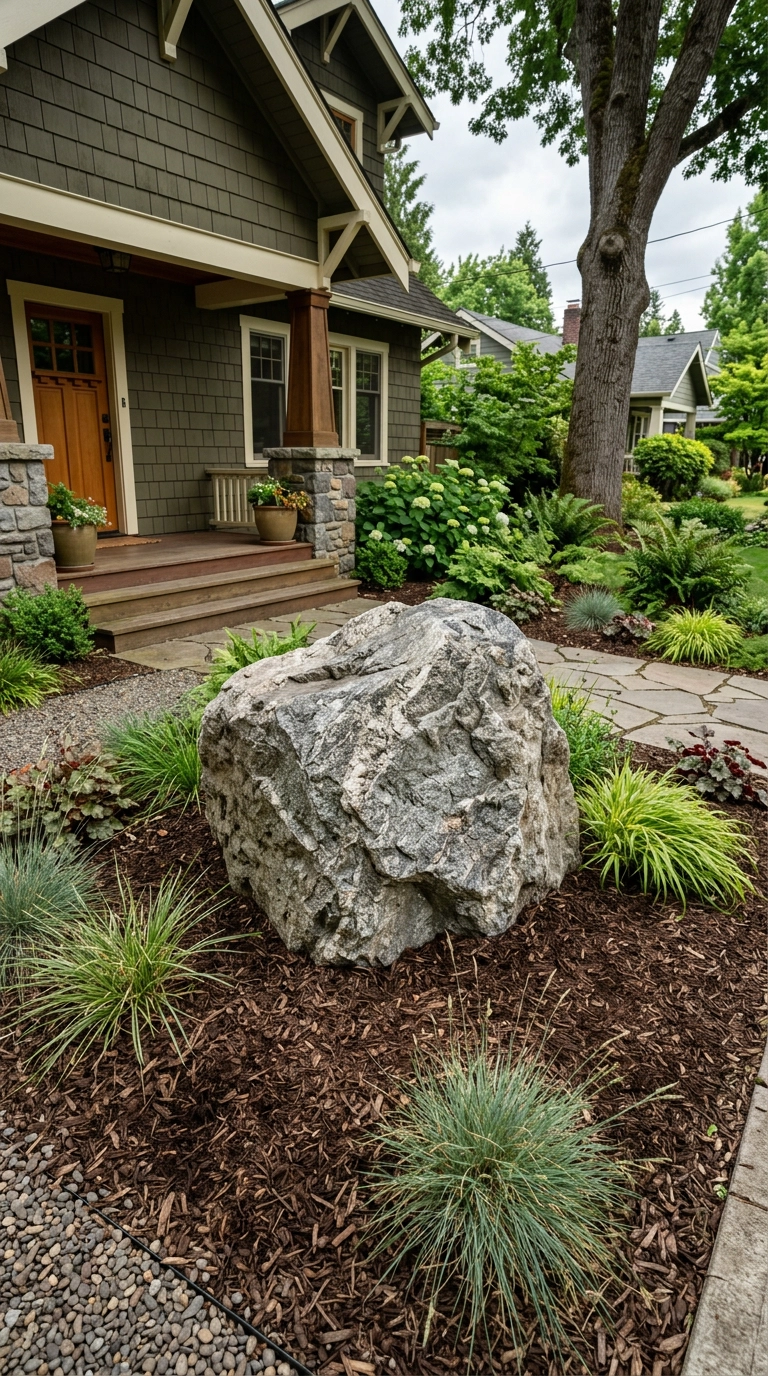 Large natural granite boulder set as a focal point in a front yard garden bed