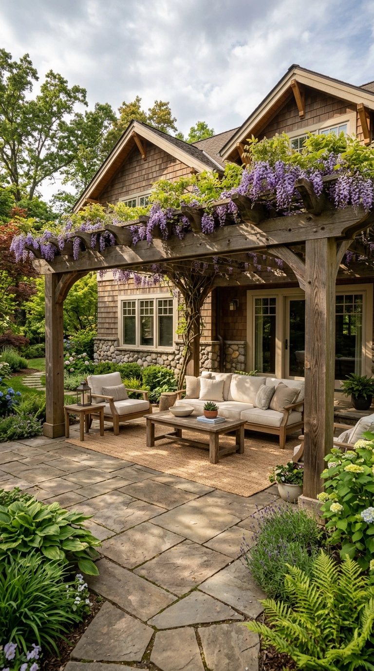 Flagstone patio beneath a cedar pergola with climbing wisteria overhead