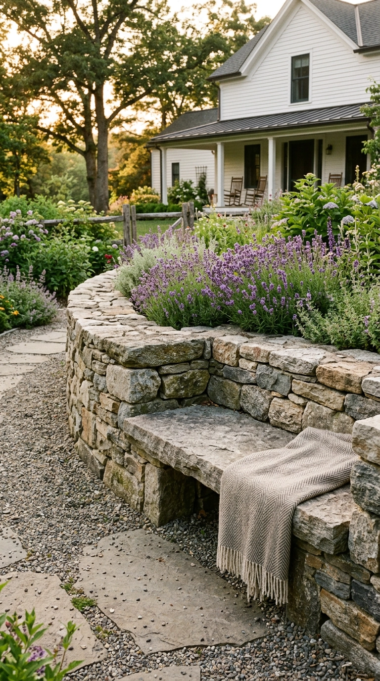Flat-topped stone bench built into a dry-stacked garden retaining wall