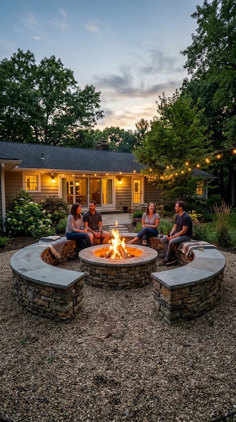 Low circular stone seating wall doubling as a fire pit surround at dusk