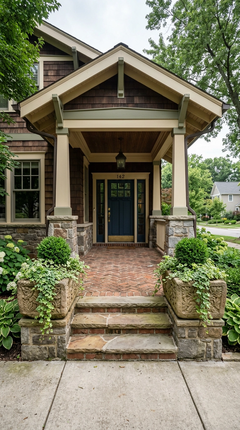 Two carved stone planter troughs flanking a front porch entry