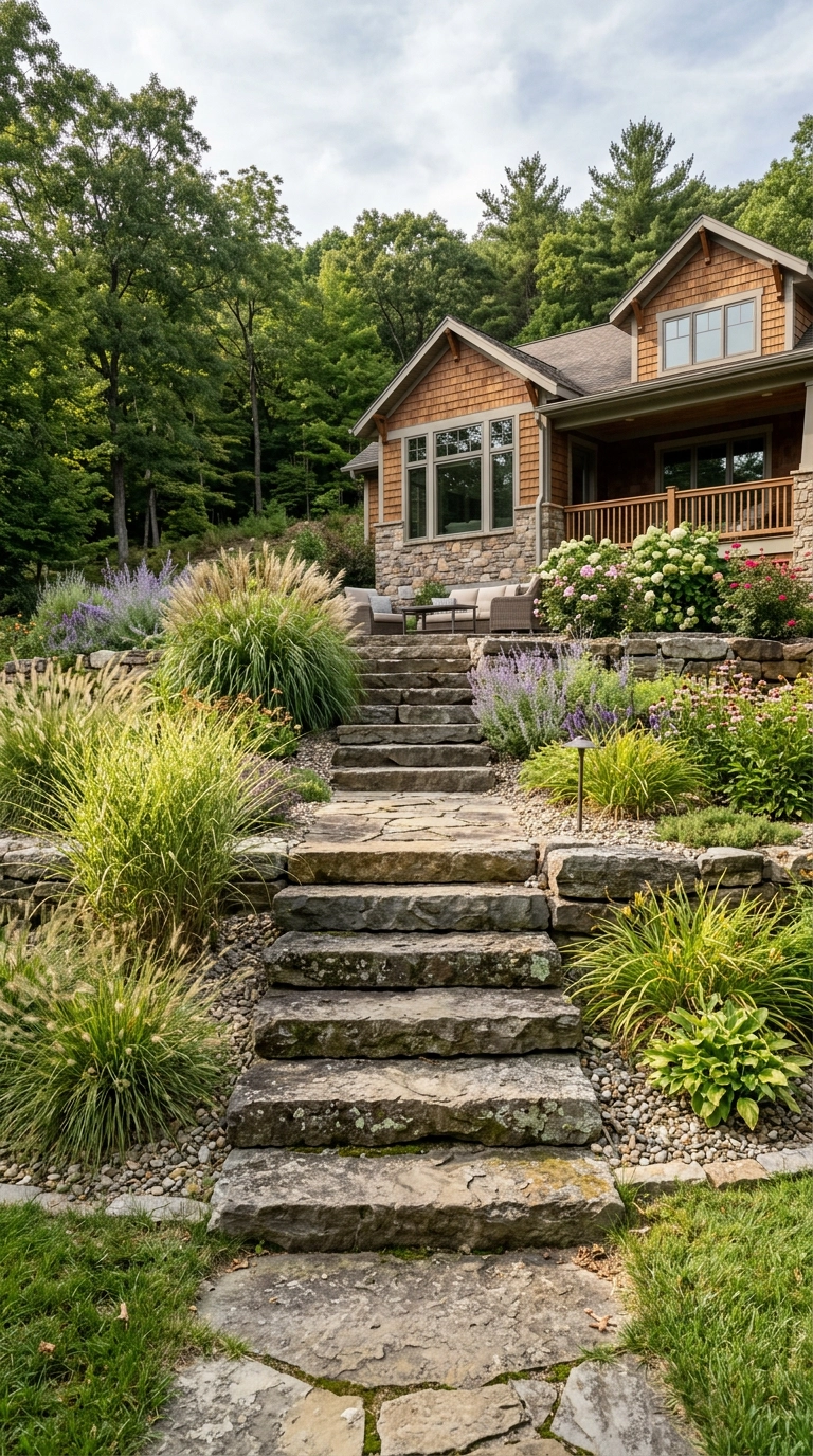 Wide natural stone steps built into a sloped garden hillside
