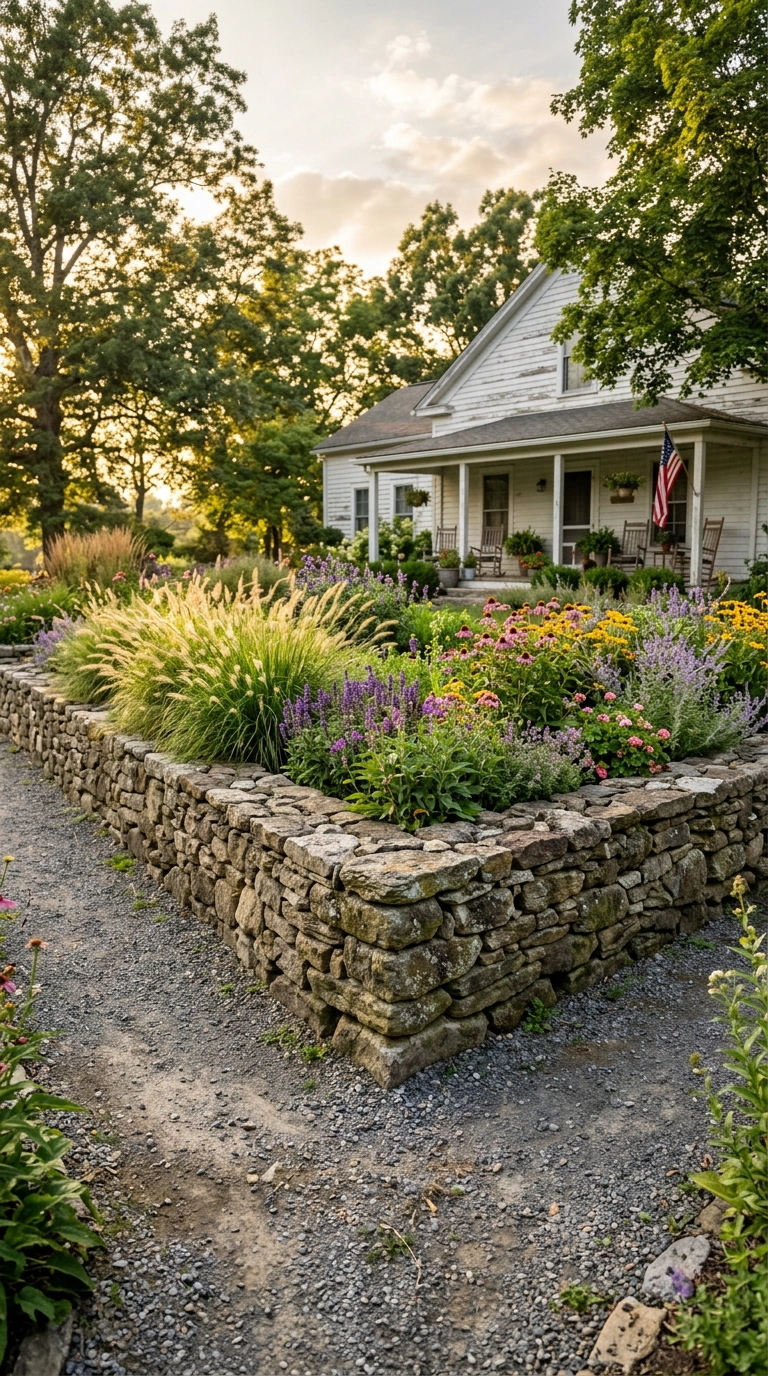 Knee-height dry-stacked fieldstone wall bordering a cottage garden flower bed