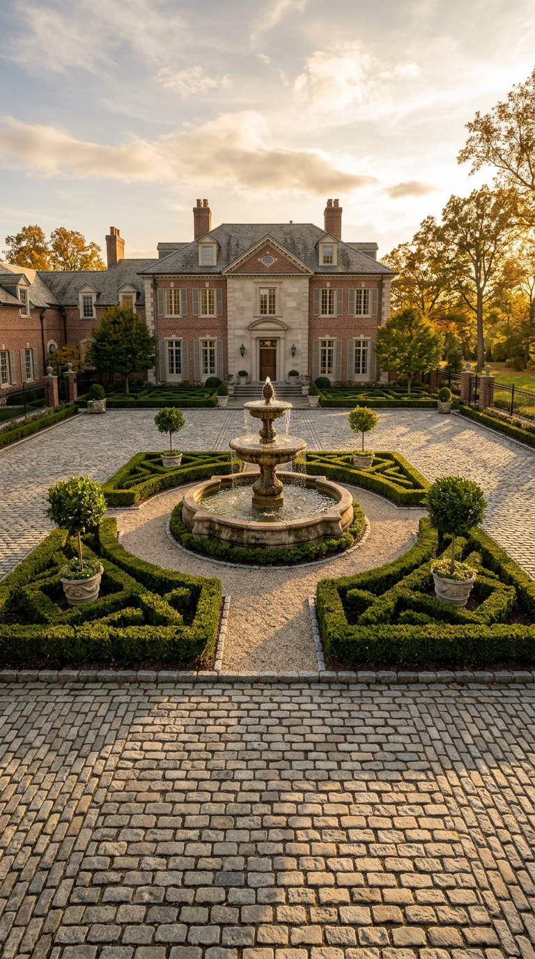 Large cobblestone courtyard with a tiered stone fountain as the central feature