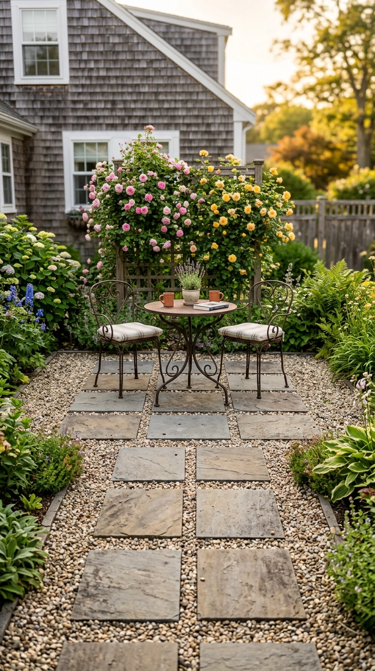 Pea gravel patio with square flagstone pavers set in a grid as a seating area