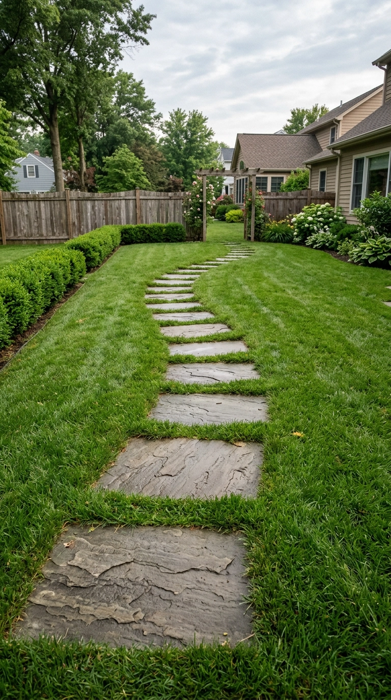Irregular bluestone stepping stones set into a lawn forming a winding garden path