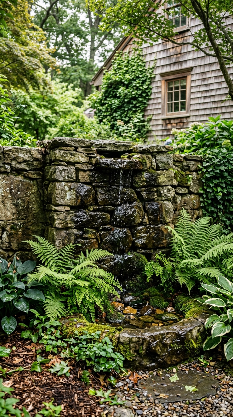 Stacked stone wall fountain with water trickling into a basin surrounded by ferns
