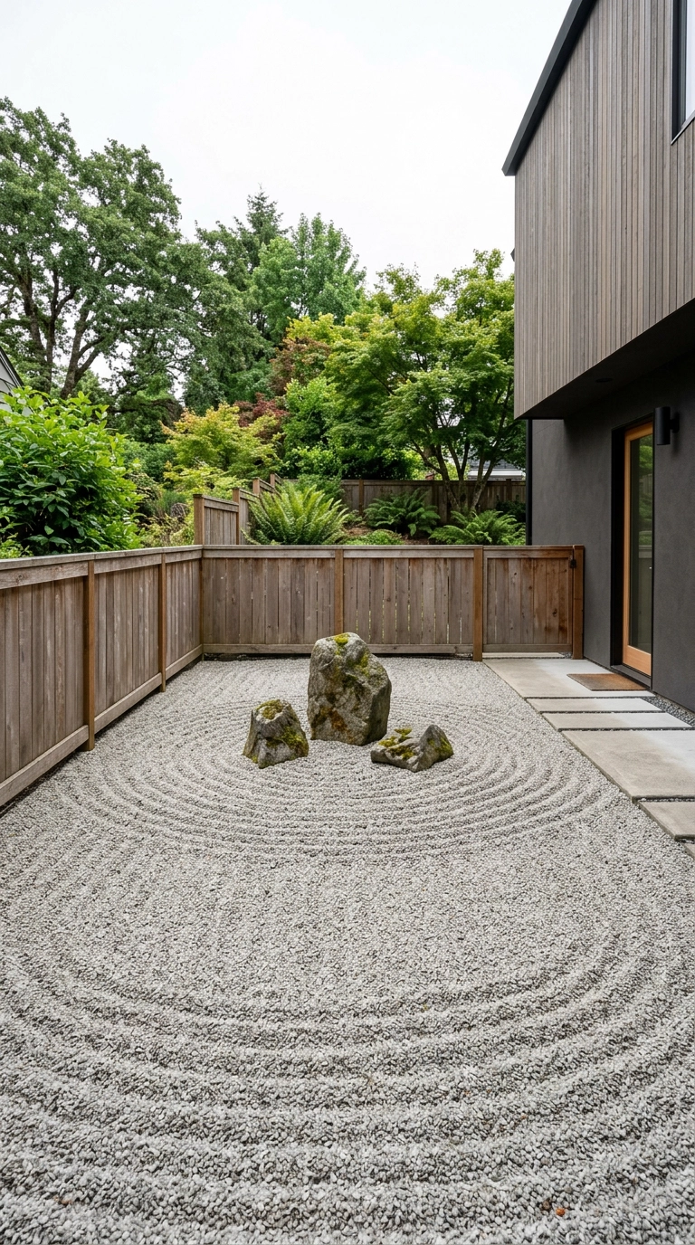 Raked gravel zen garden with ripple patterns around three placed stones