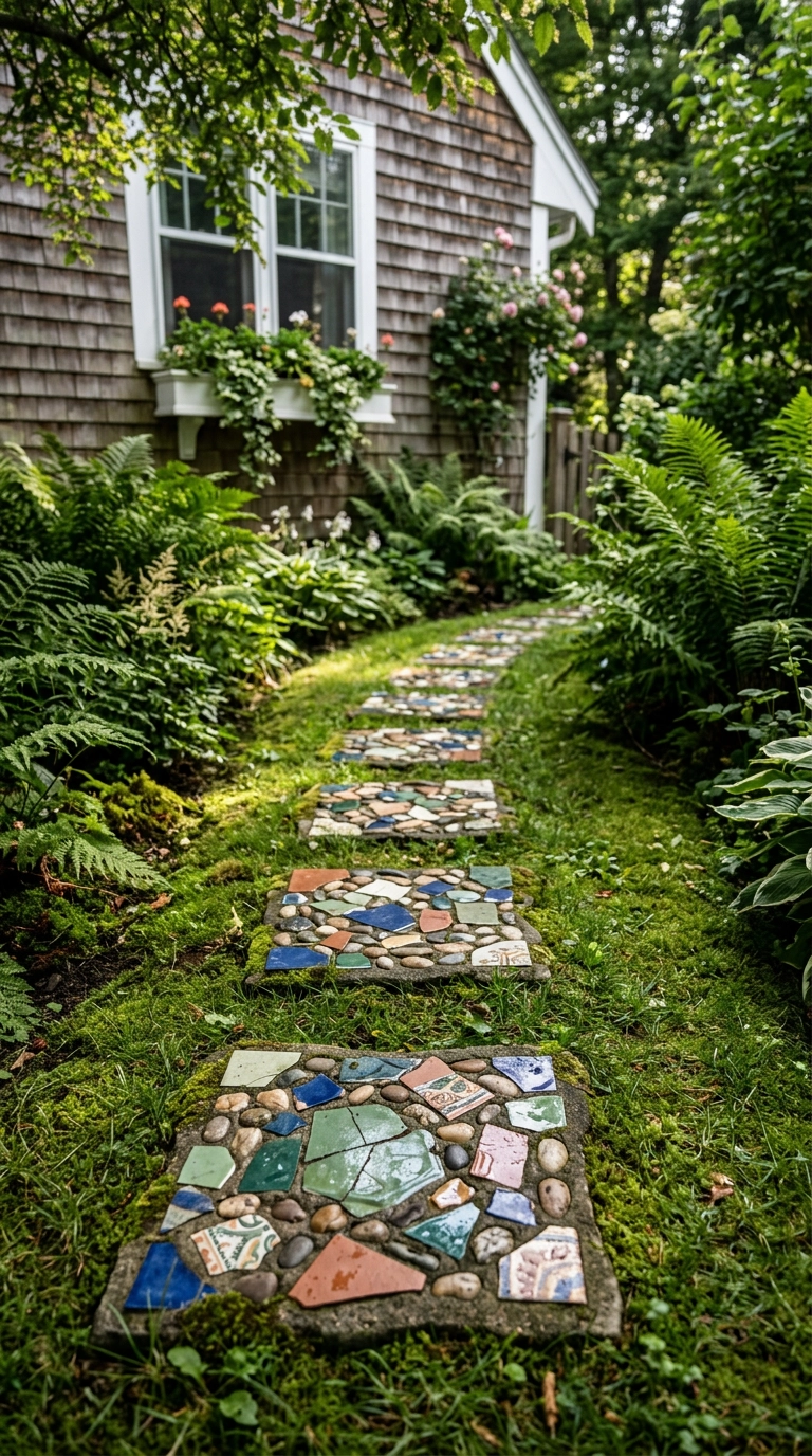Handmade mosaic stepping stones combining tile and pebbles set into a lawn path
