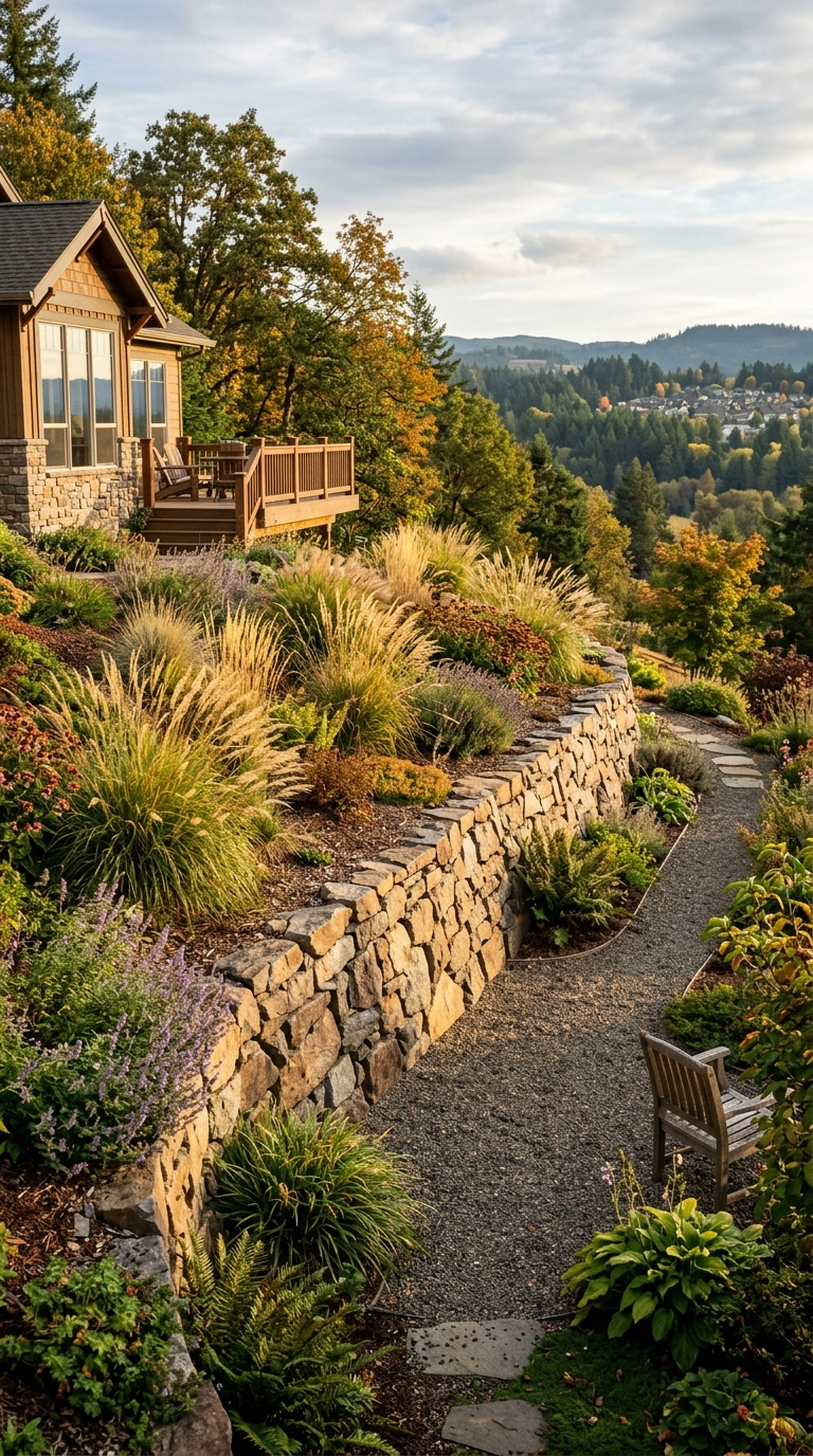 Stacked stone retaining wall creating a level terrace on a sloped backyard
