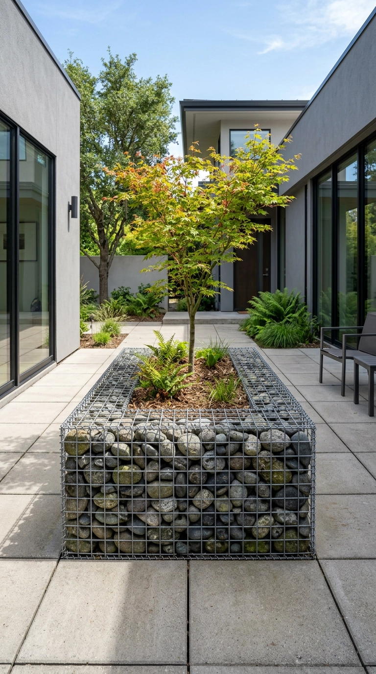 Rectangular gabion cage filled with grey river stone used as a raised planter
