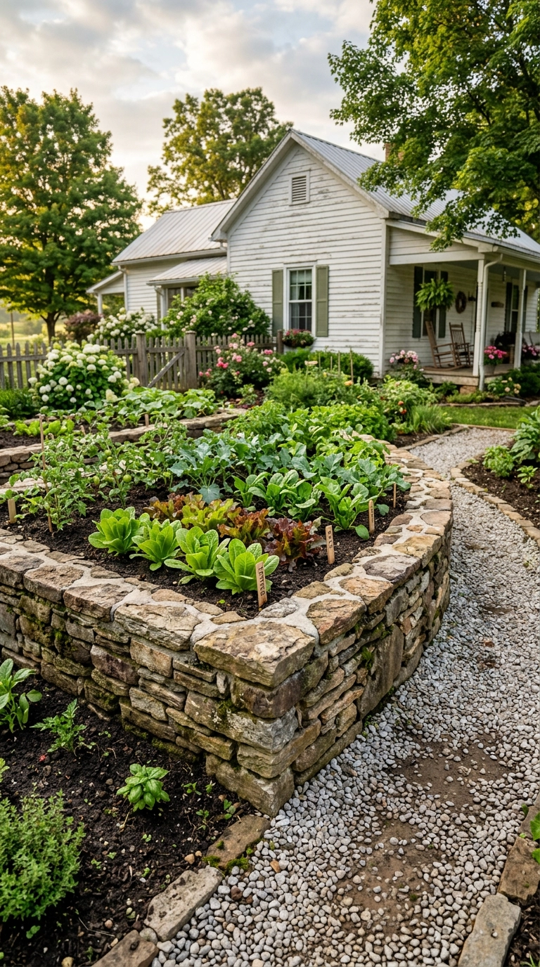 Stacked stone raised garden bed filled with soil in a backyard vegetable garden