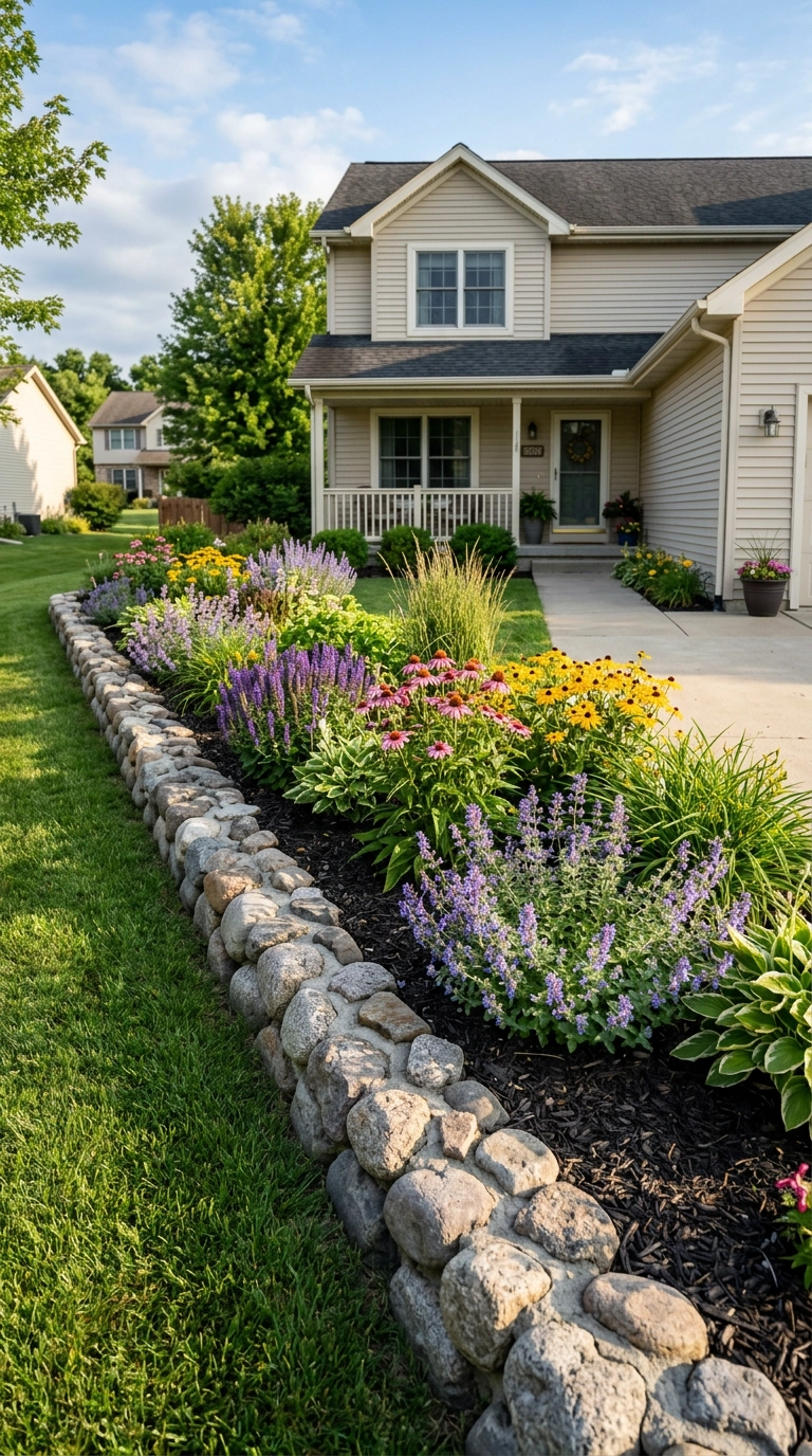 Low border of rounded fieldstones separating a mulched flower bed from the lawn