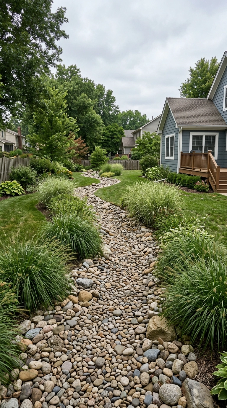 Winding dry creek bed lined with mixed river rock following a drainage path