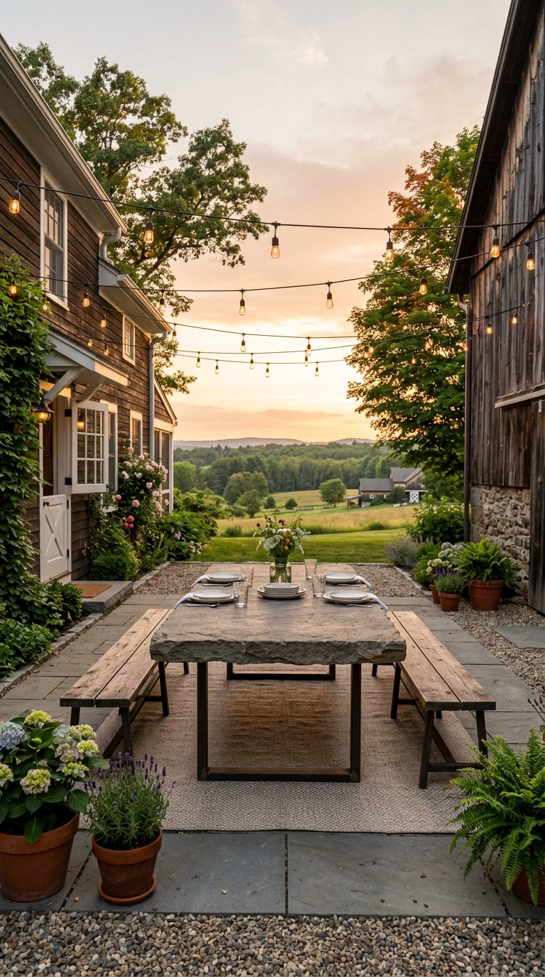 Large flat stone slab set on steel legs as an outdoor dining table
