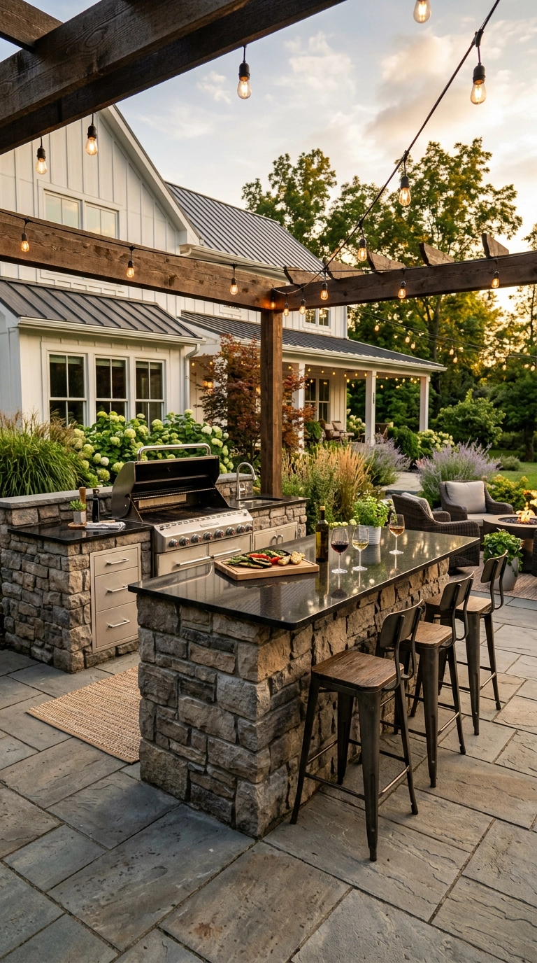Stone-clad outdoor kitchen island with a built-in grill and granite countertop