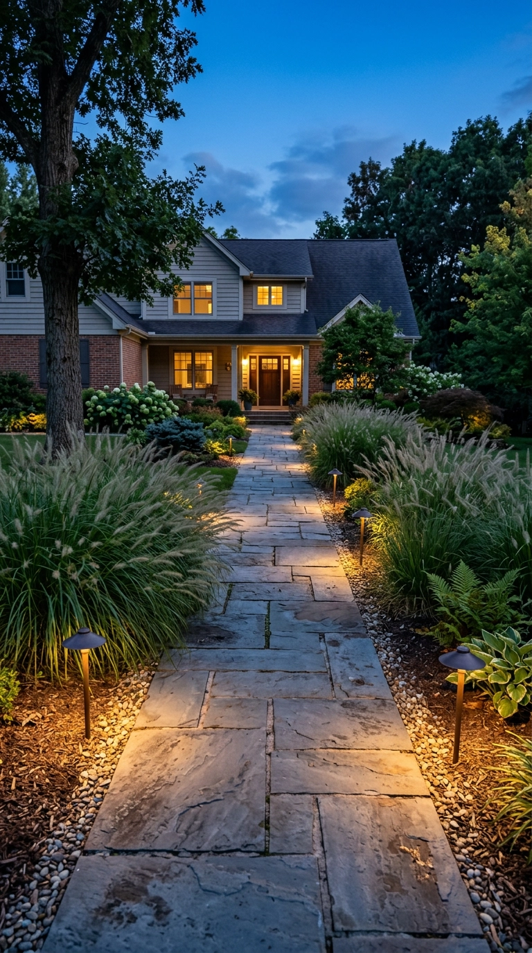 Flagstone pathway lined with low-voltage landscape lights at dusk