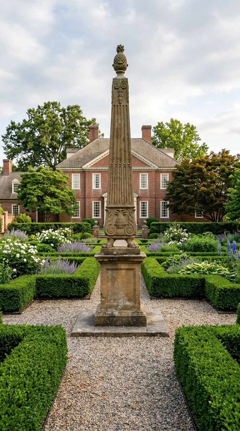 Tall carved stone obelisk set as a vertical focal point in a formal garden