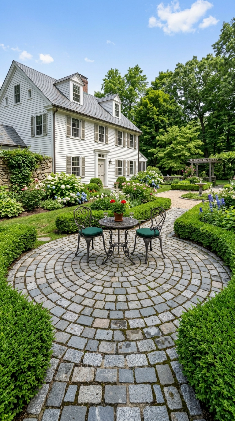 Circular cobblestone patio set in a radiating fan pattern with a bistro set