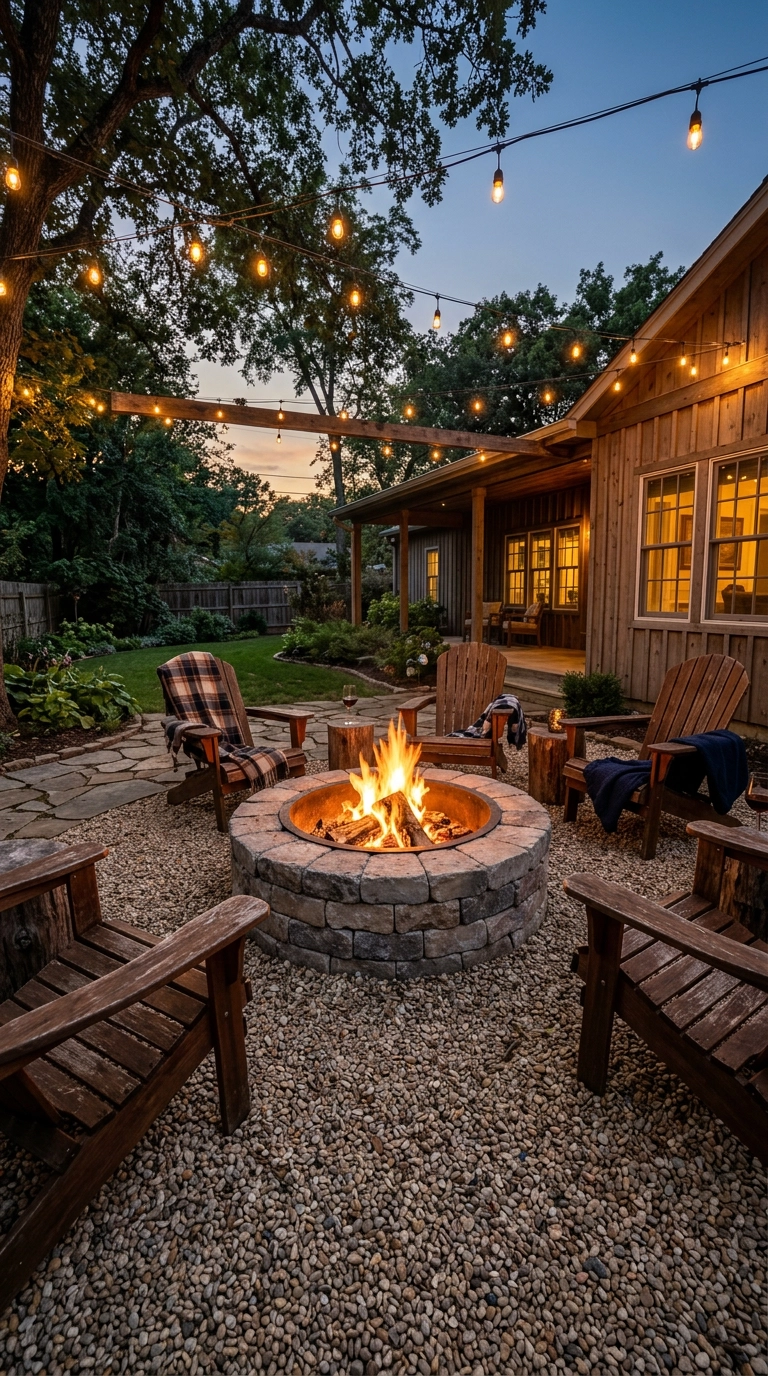 Circular stacked stone fire pit surrounded by a pea gravel apron in a backyard