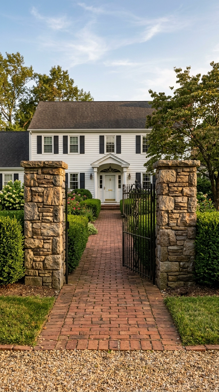 Two stacked stone pillar gate posts flanking a wrought iron entrance gate