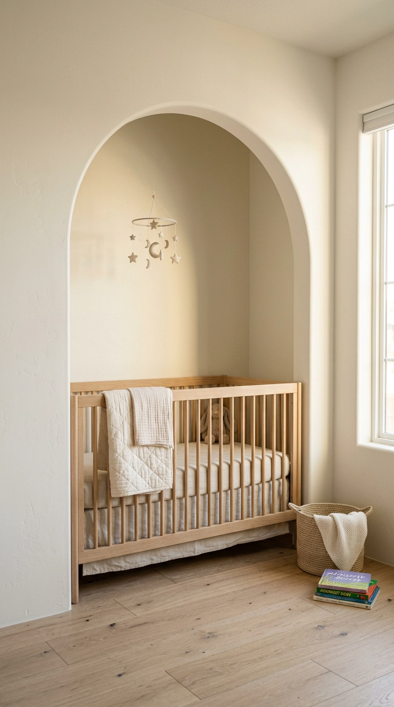 Nursery crib set into a warm white painted arched wall nook