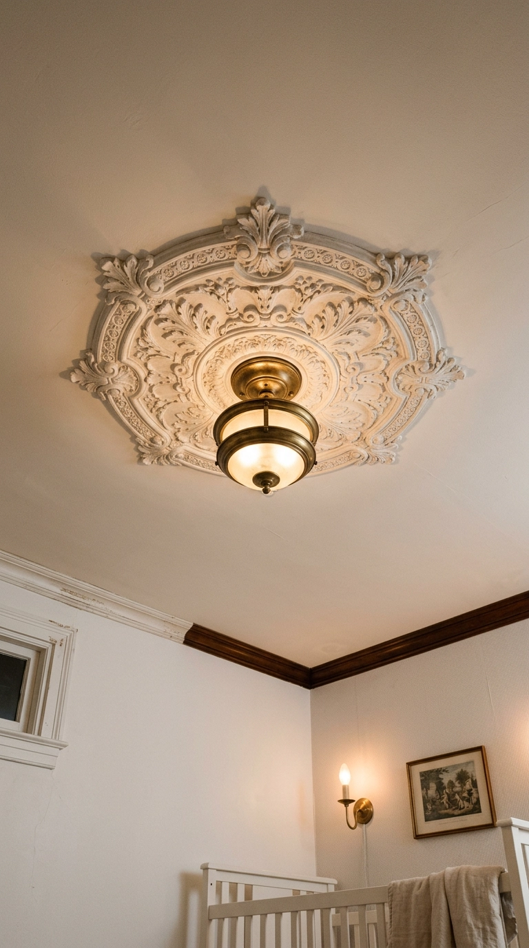 Plaster ceiling medallion left in natural texture around a nursery light fixture