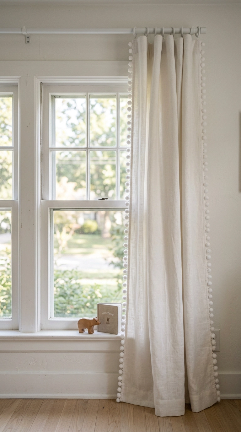 Plain white linen curtains with a small pom pom trim along the leading edge
