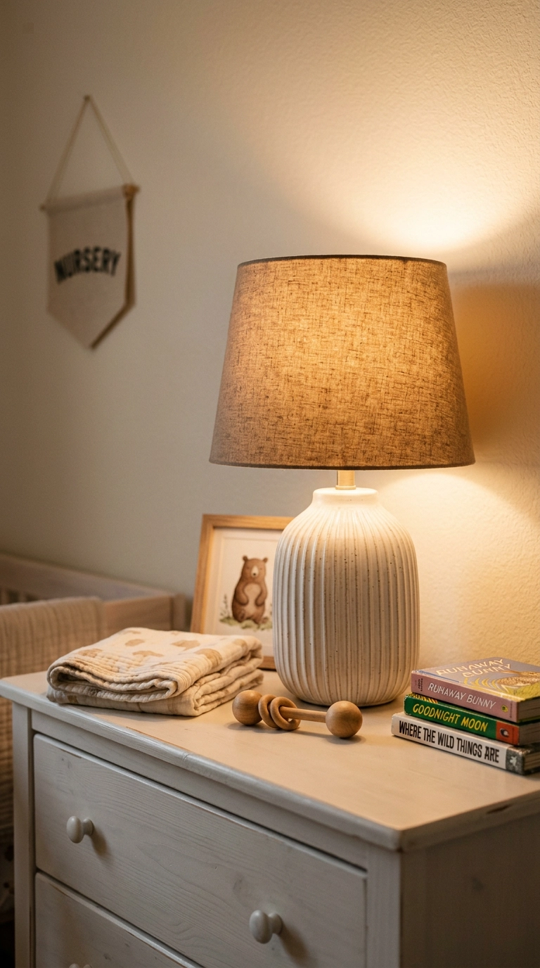 White ribbed ceramic table lamp with a linen shade on a nursery dresser