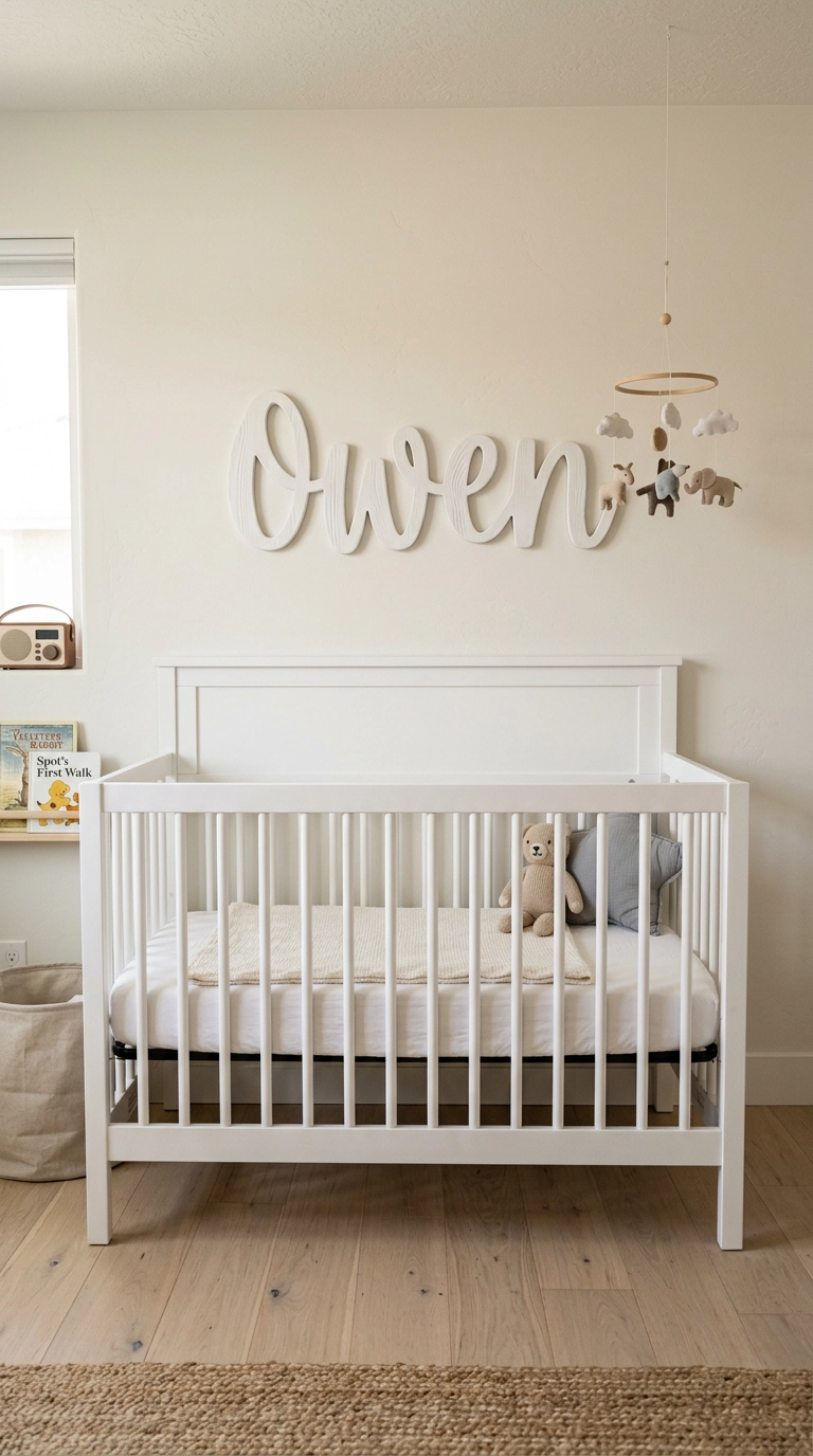 White wooden name sign with subtle carved texture above a nursery crib