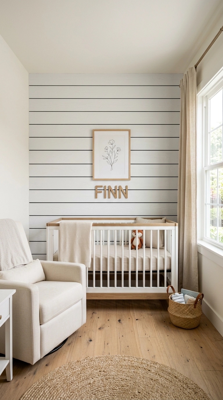 White painted shiplap accent wall behind a nursery crib