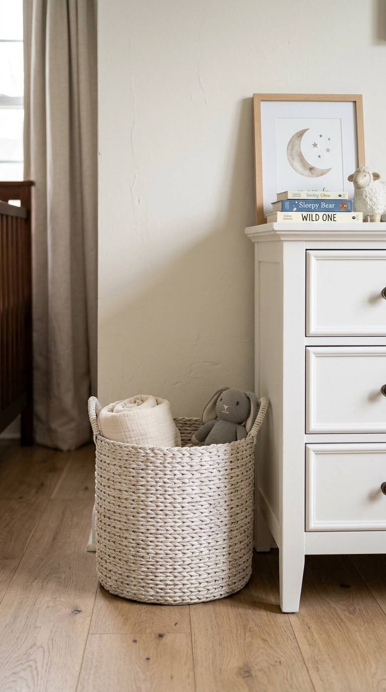 White-washed woven storage basket beside a nursery dresser