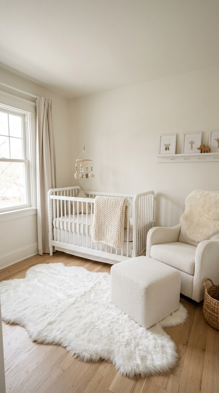 Fully layered all-white nursery combining boucle, faux fur, and knit textures