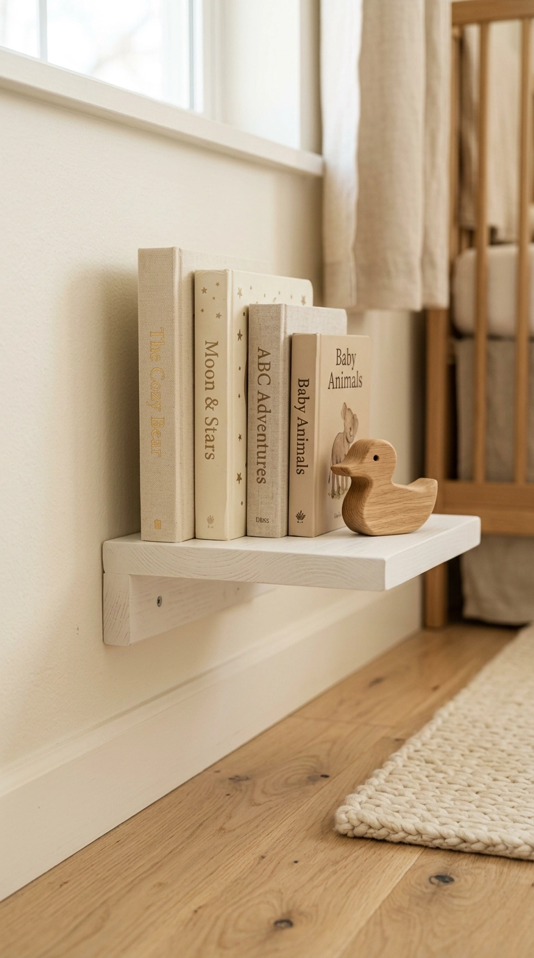 White floating bookshelf styled with neutral-spine books and one wooden toy