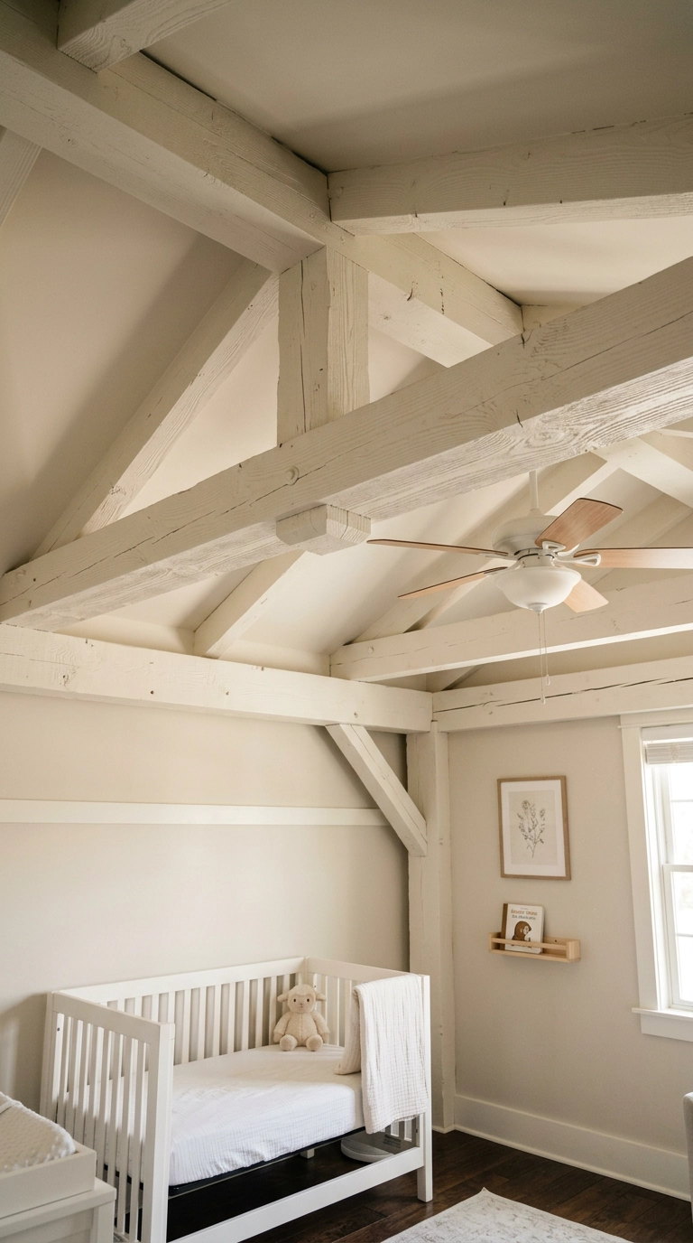 Exposed white-painted ceiling beams in a nursery