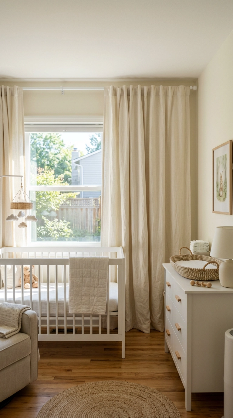 Warm white linen curtain panels hung high near the ceiling in a nursery