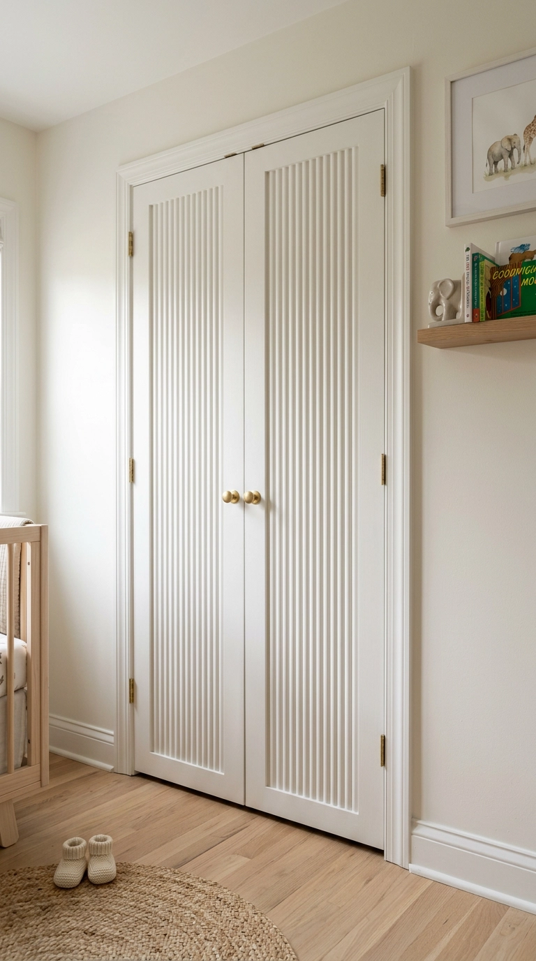 Nursery closet doors with white painted fluted reeded panel detail