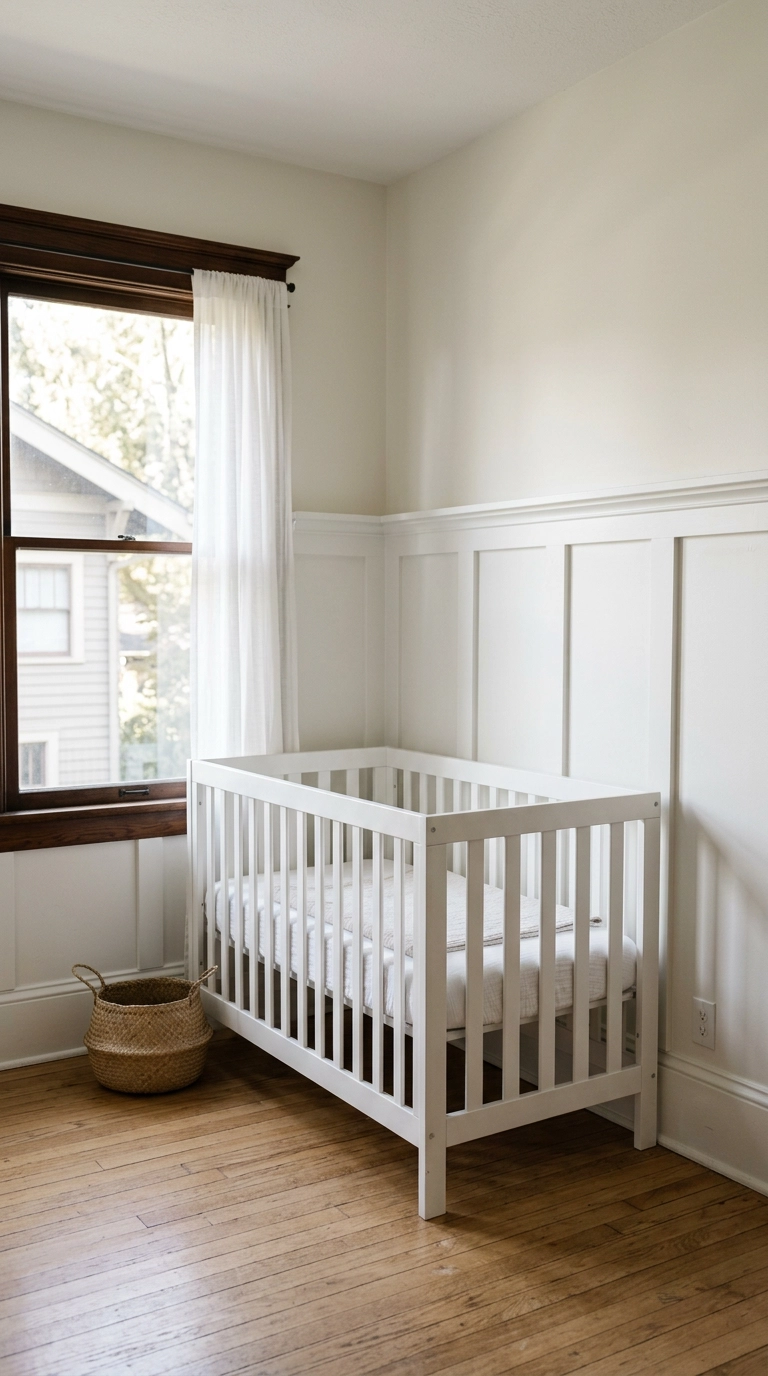 Nursery with white board and batten molding on the lower half of the wall
