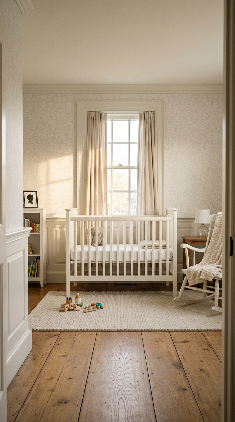 Nursery with white wainscoting below and tonal white textured wallpaper above