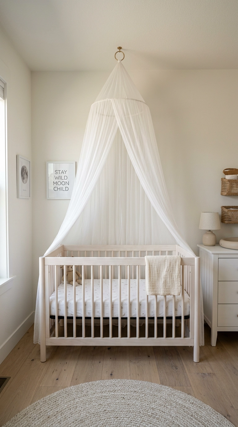 Sheer white canopy drape hung above a nursery crib