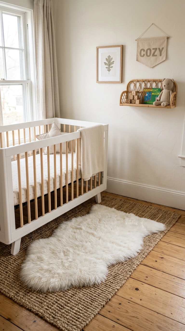 White faux fur rug layered over a natural jute flatweave rug in a nursery