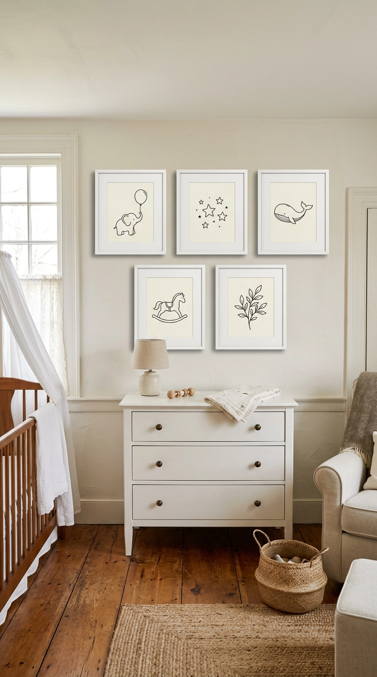 Gallery wall of white-framed line-art prints above a nursery dresser