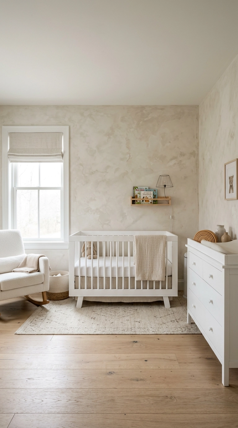 Nursery with warm bone-white limewash plaster texture on the walls
