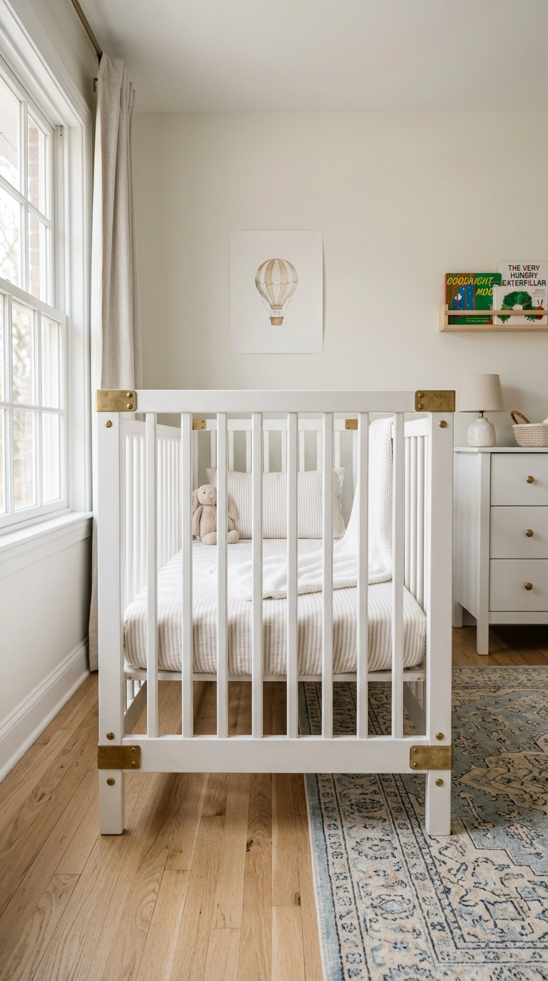 White wood crib with visible unlacquered brass hardware at the joints