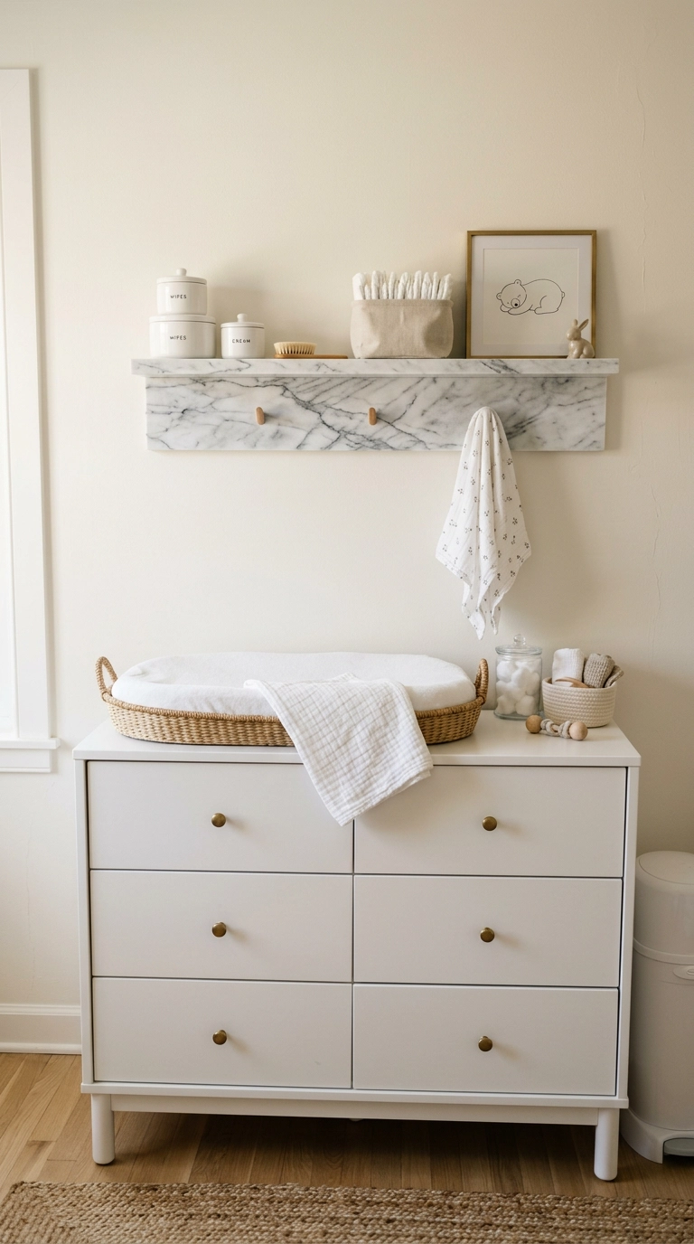 Honed white marble-look shelf above a nursery changing table